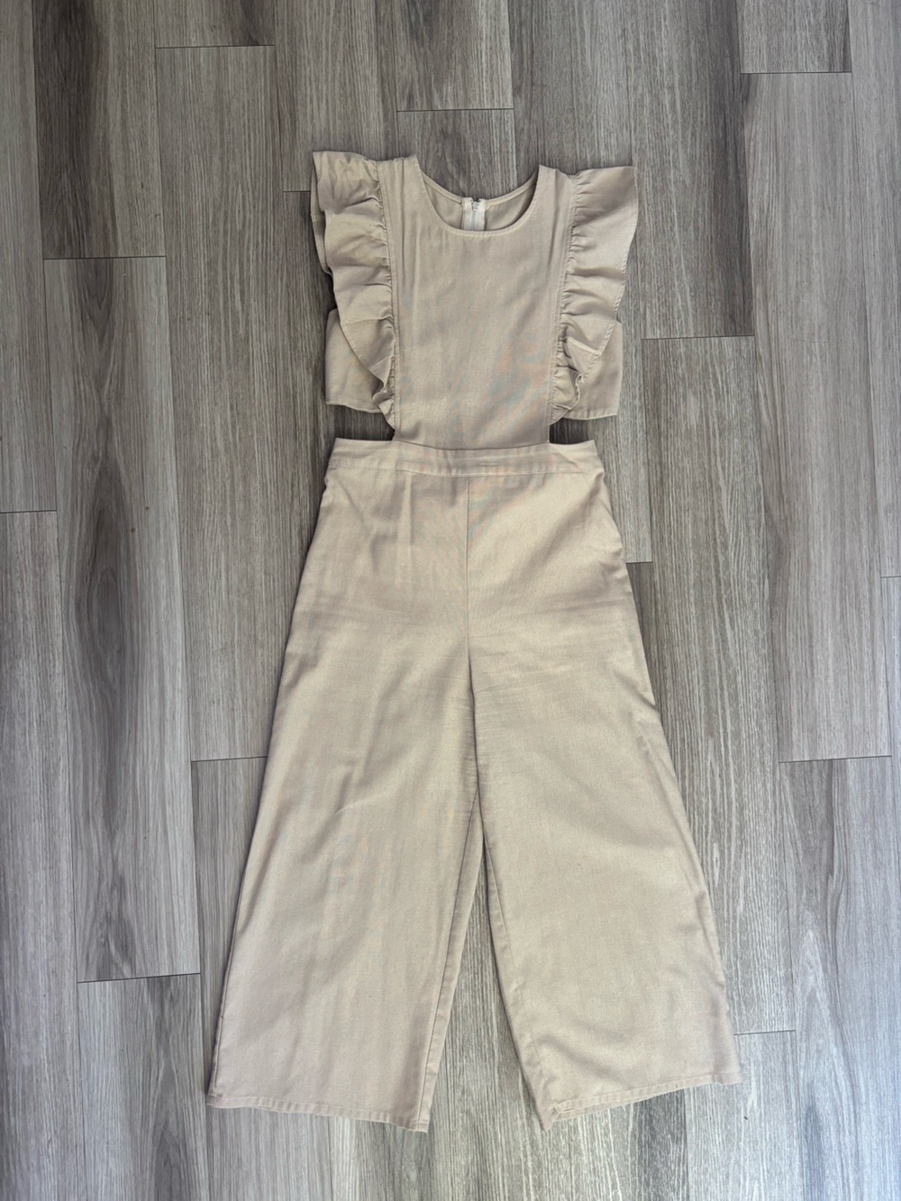 Cream Ruffle-Sleeve High-Waist Jumpsuit